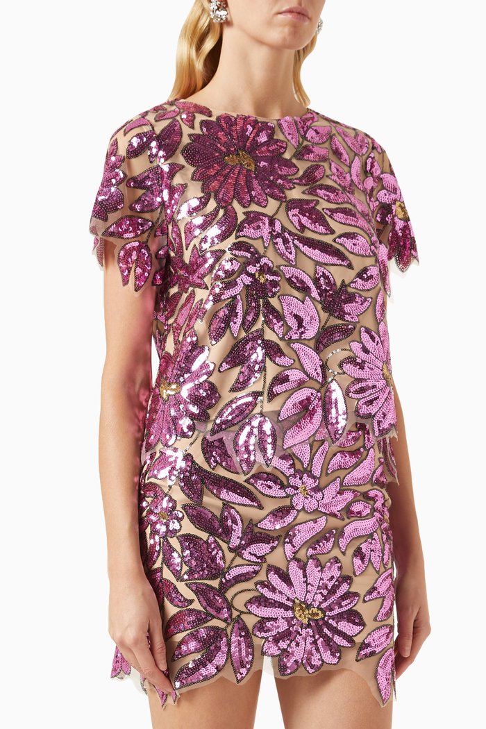 Katelynn Floral Garden Top in Sequin, Pink