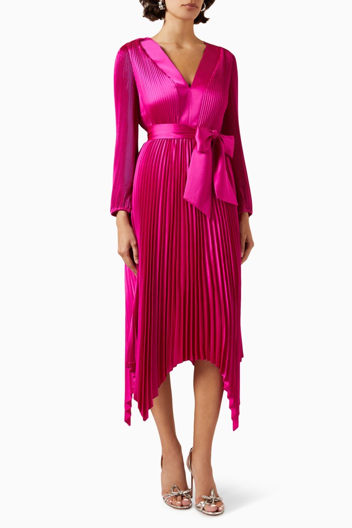 

Liora Pleated Midi Dress in Satin, Pink