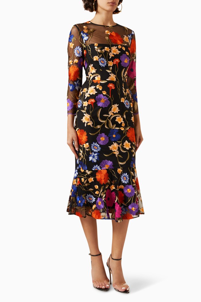 

Rosalind Fall Foliage Embroidered Midi Dress in Mesh, Black