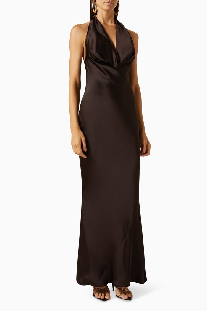 

Halter Draped Bias Gown, Brown