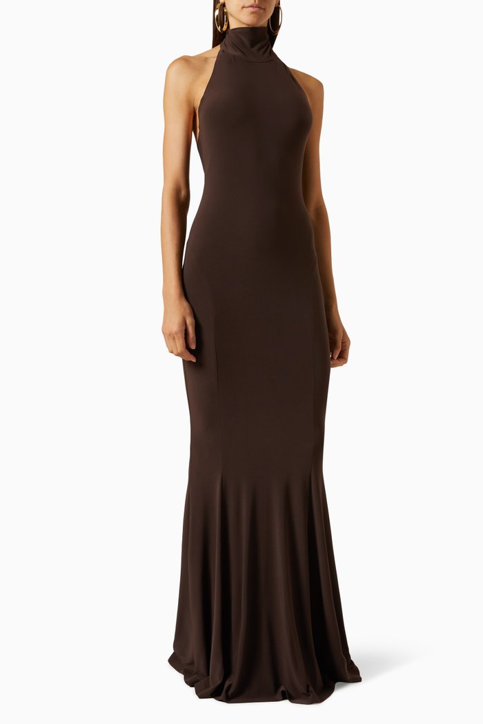 

Halter Turtleneck Fishtail Gown, Brown