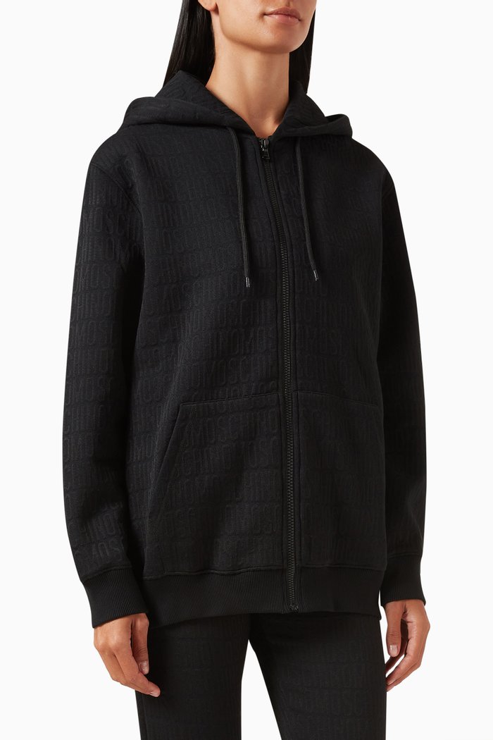 

All-over Logo Zip-up Hoodie in Cotton-blend, Black