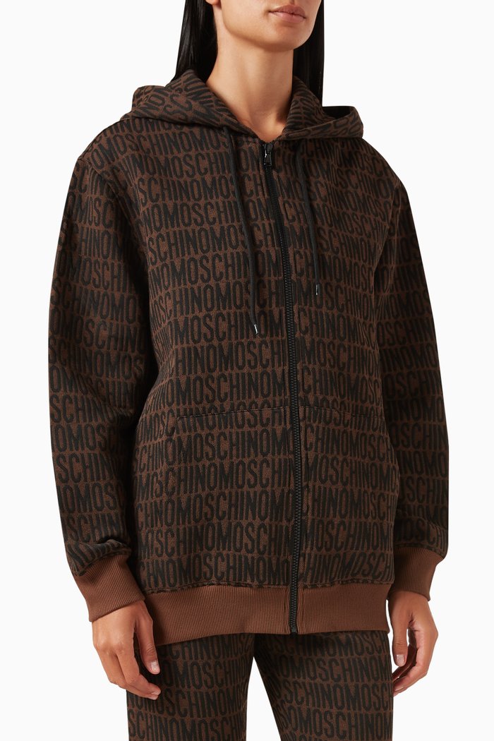 

All-over Logo Zip-up Hoodie in Cotton-blend, Brown