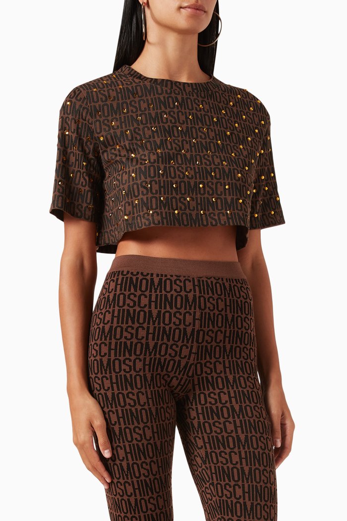 

All-over Logo Embellished Crop T-shirt in Cotton-blend, Brown