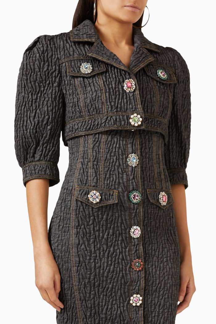

Jewel Buttons Crop Jacket in Quilted Denim, Black