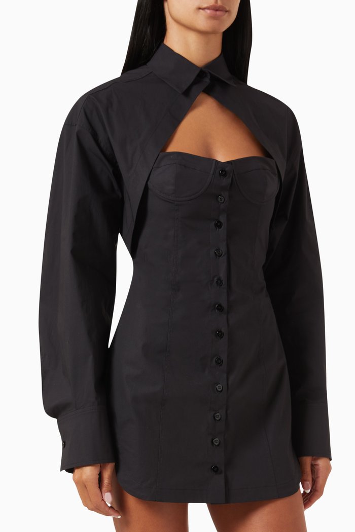

Bustier Shirt Mini Dress in Stretch Cotton-poplin, Black