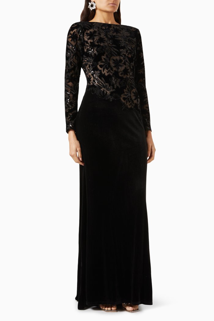 

Embellished-lace Dress in Velvet, Black