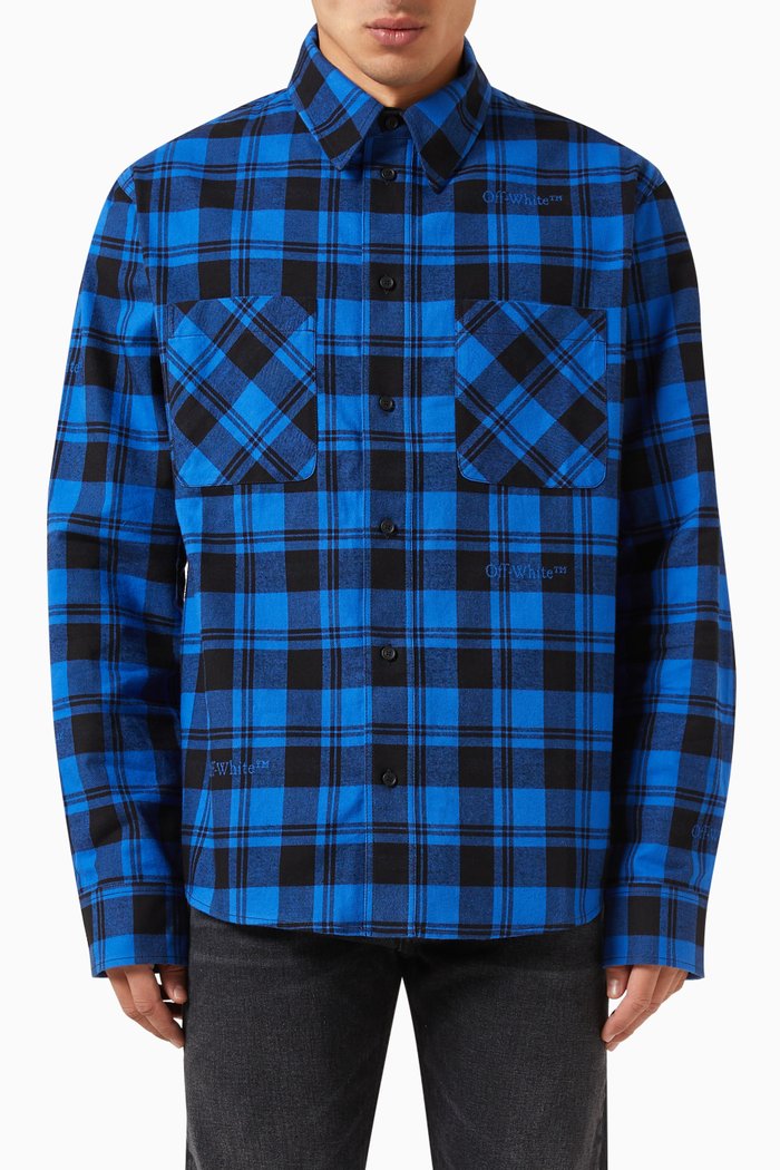 

Check-print Flannel Shirt in Cotton, Blue