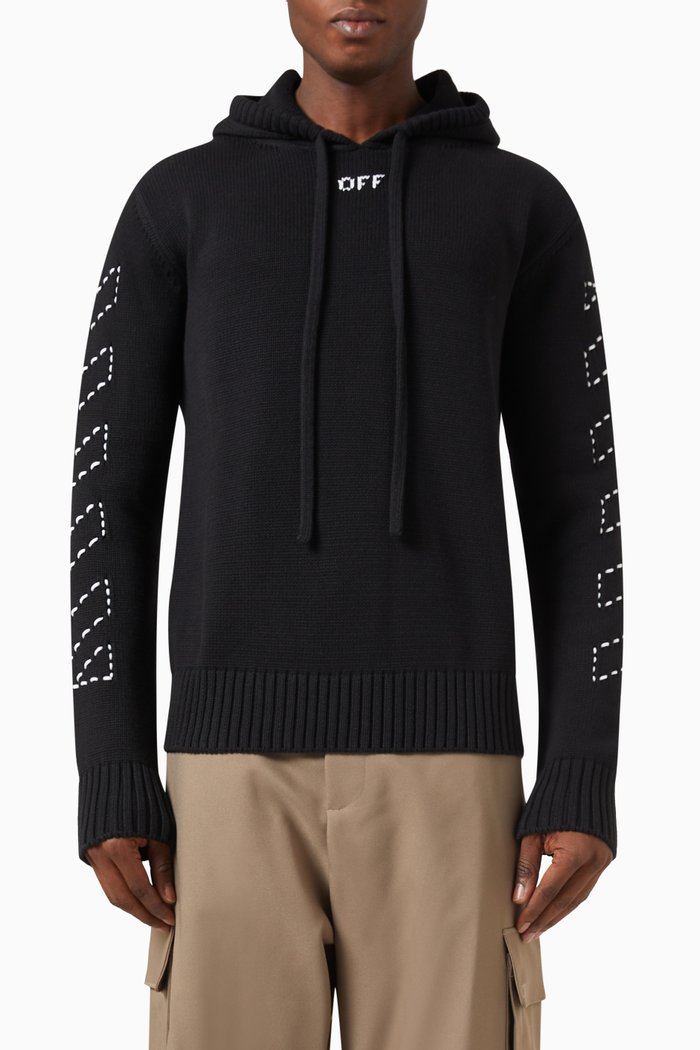 

Stitch Arr Diags Hoodie in Cotton Blend Knit, Black