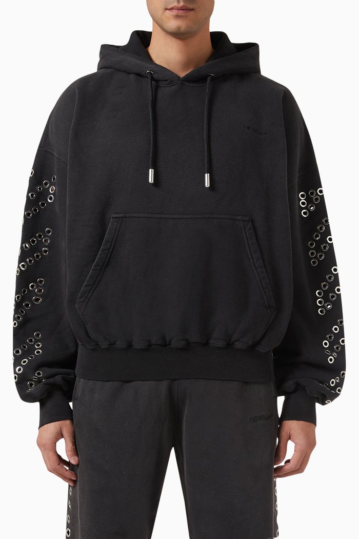 

Eyelet Diags Hoodie in Cotton, Black