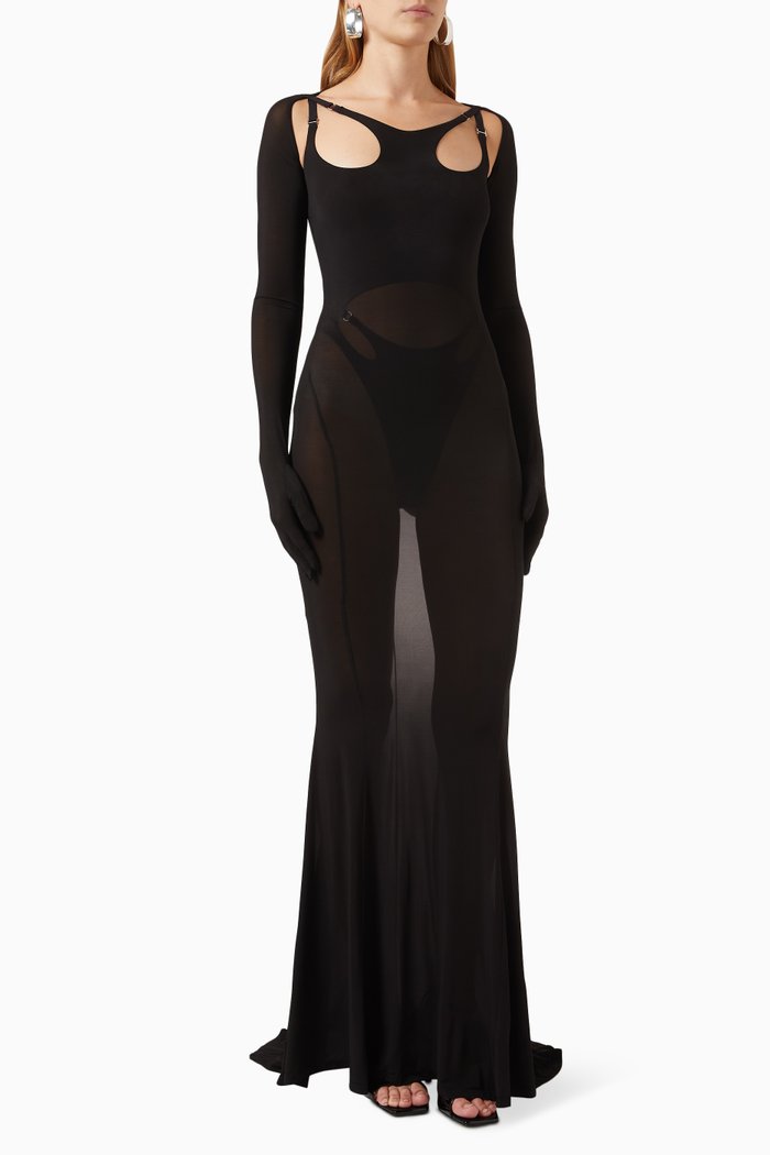Gloved Loop Gown in Mesh, Black
