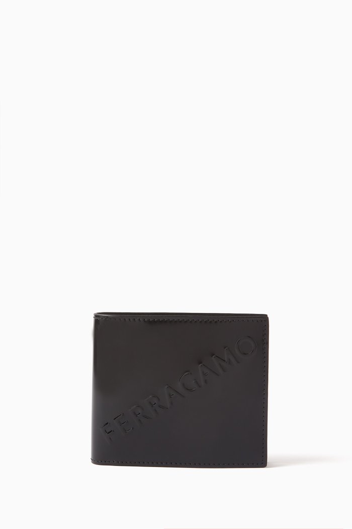 

Logo Embossed Bi-fold Wallet in Calfskin Leather, Black