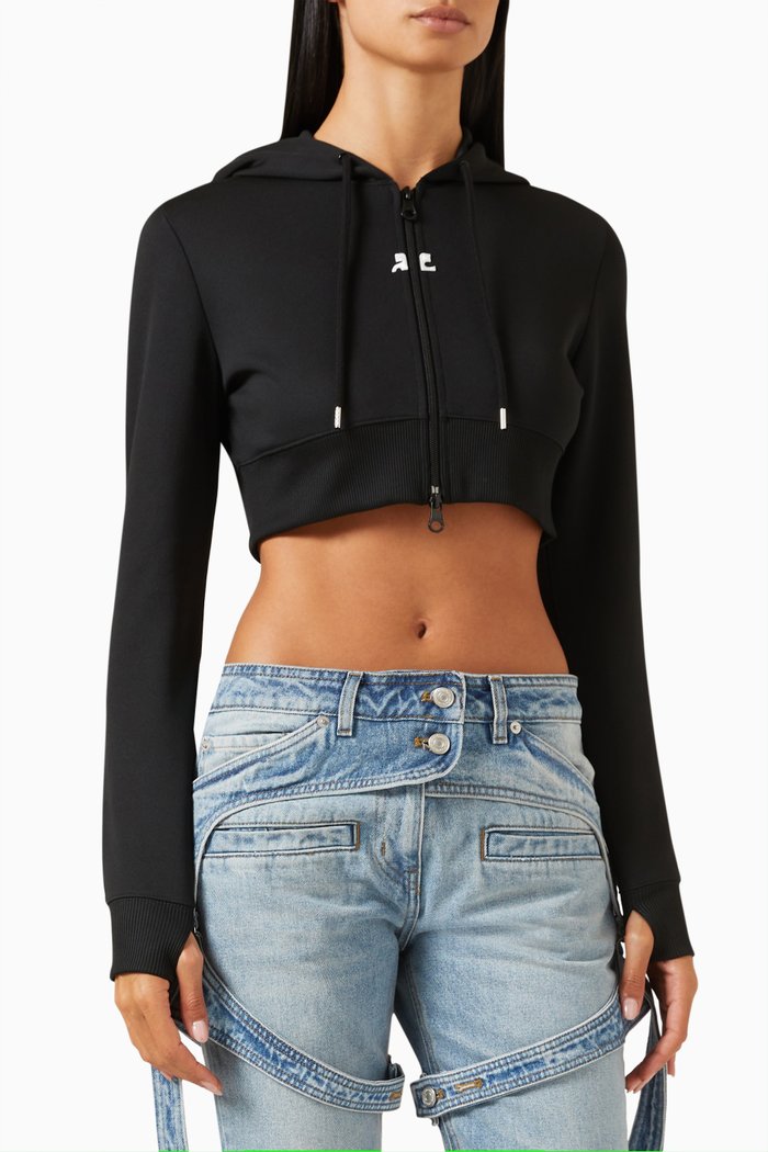 Crop Zip-up Hoodie in Interlock, Black
