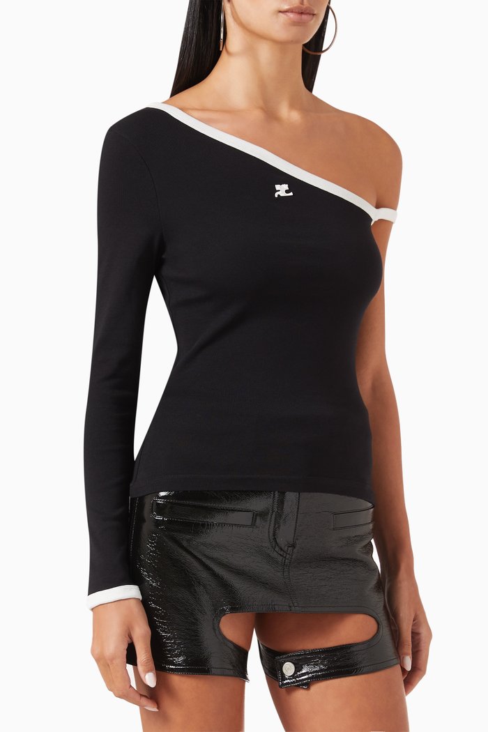 

One-sleeve Contrast Top in Cotton-jersey, Black