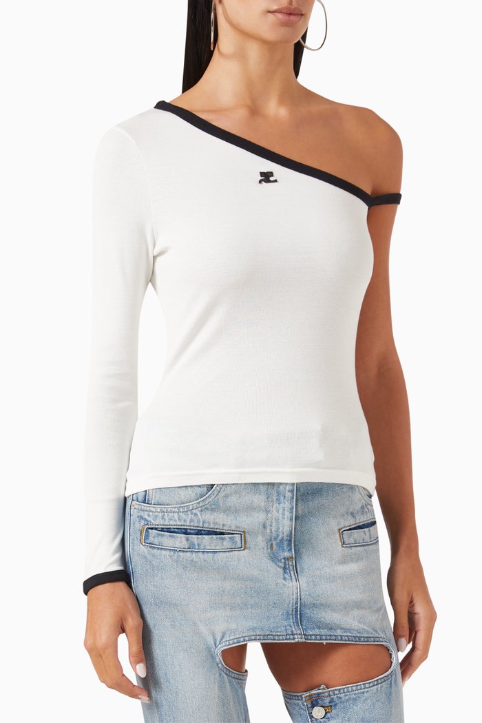

One-sleeve Contrast Top in Cotton-jersey, White