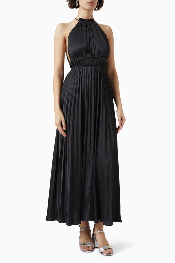 

Revilly Pleated Maxi Dress in Satin, Black