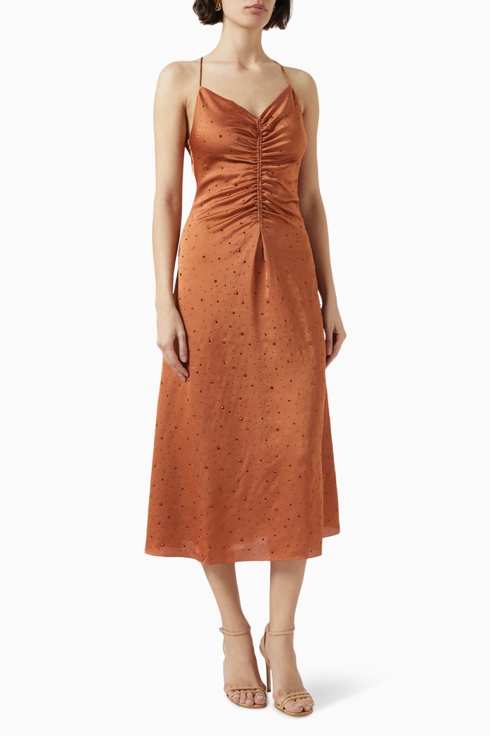 

Praline Embellished Midi Dress in Crepe-satin, Brown
