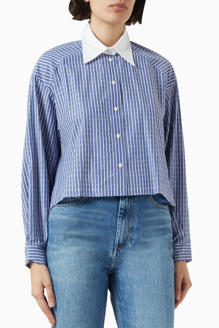 

Striped Diamanté Crop Shirt in Cotton-poplin, Blue