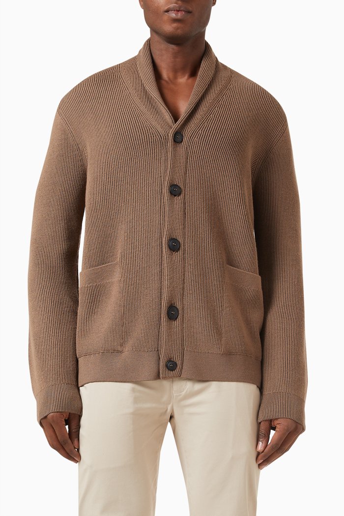 

Ribbed Shawl Neck Cardigan in Merino Wool & Egyptian Cotton Knit, Brown