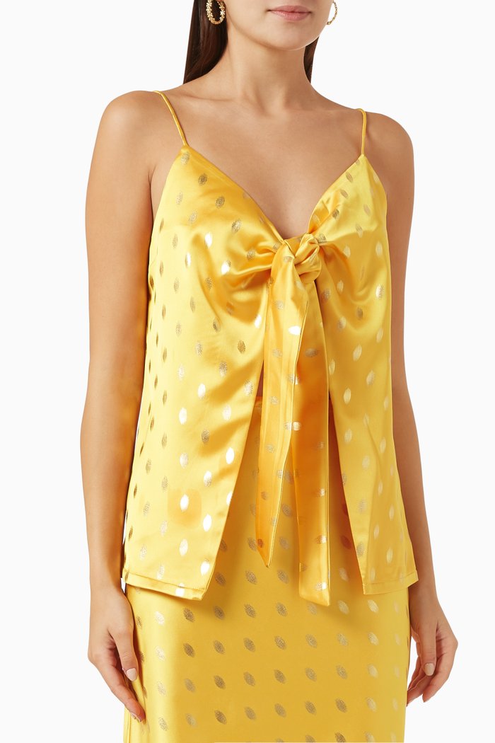 Mason Tie-front Gold-fleck Top in Satin, Yellow