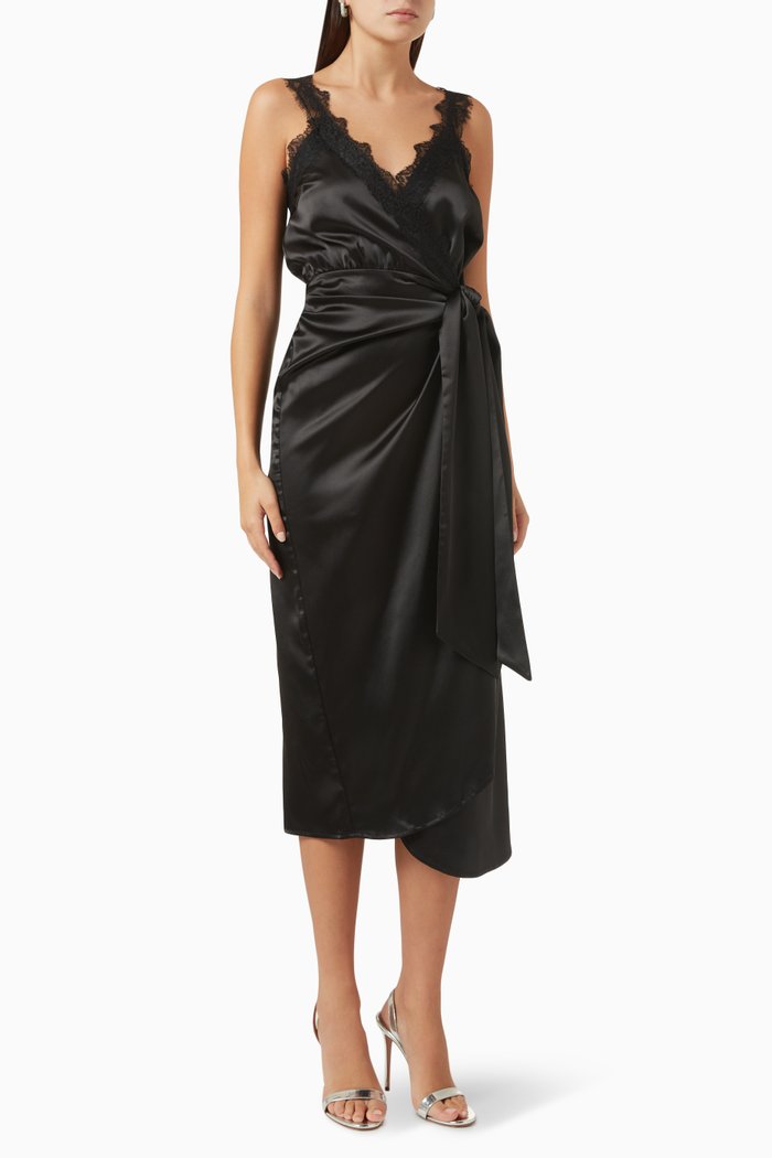

Meela Lace-trim Midi Dress in Satin, Black