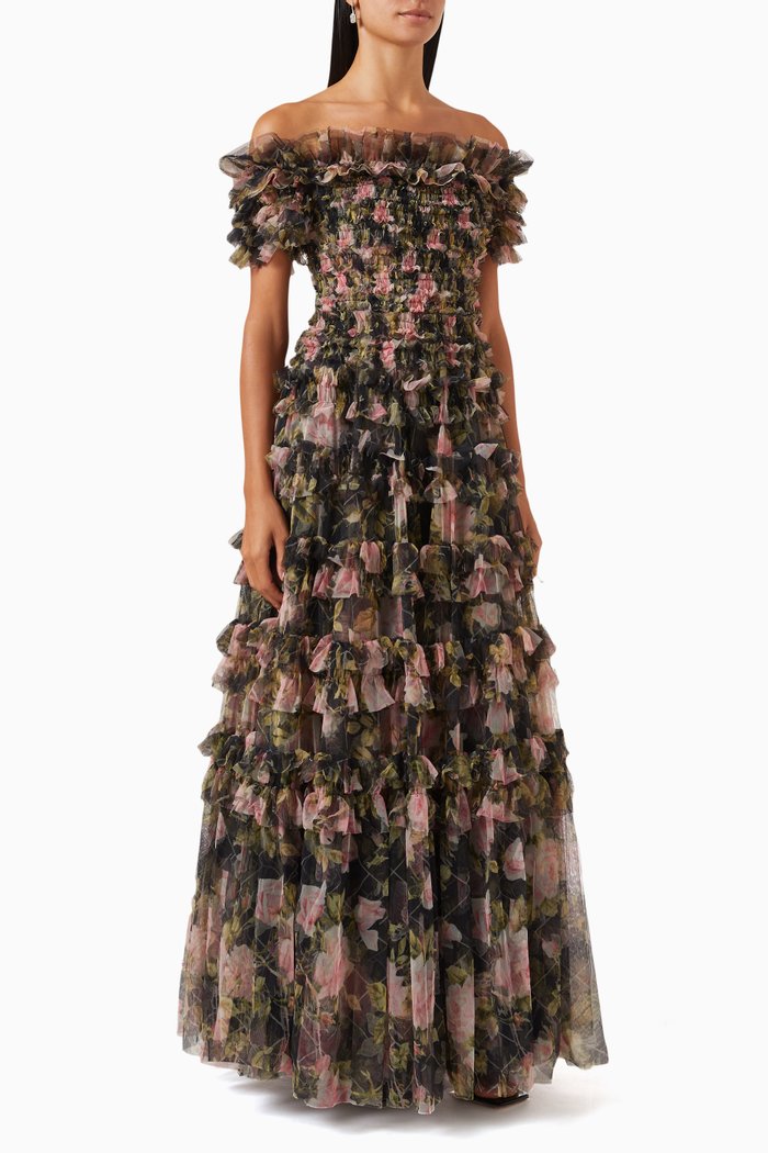English Rose Lisette Off-shoulder Gown in Nylon, Black