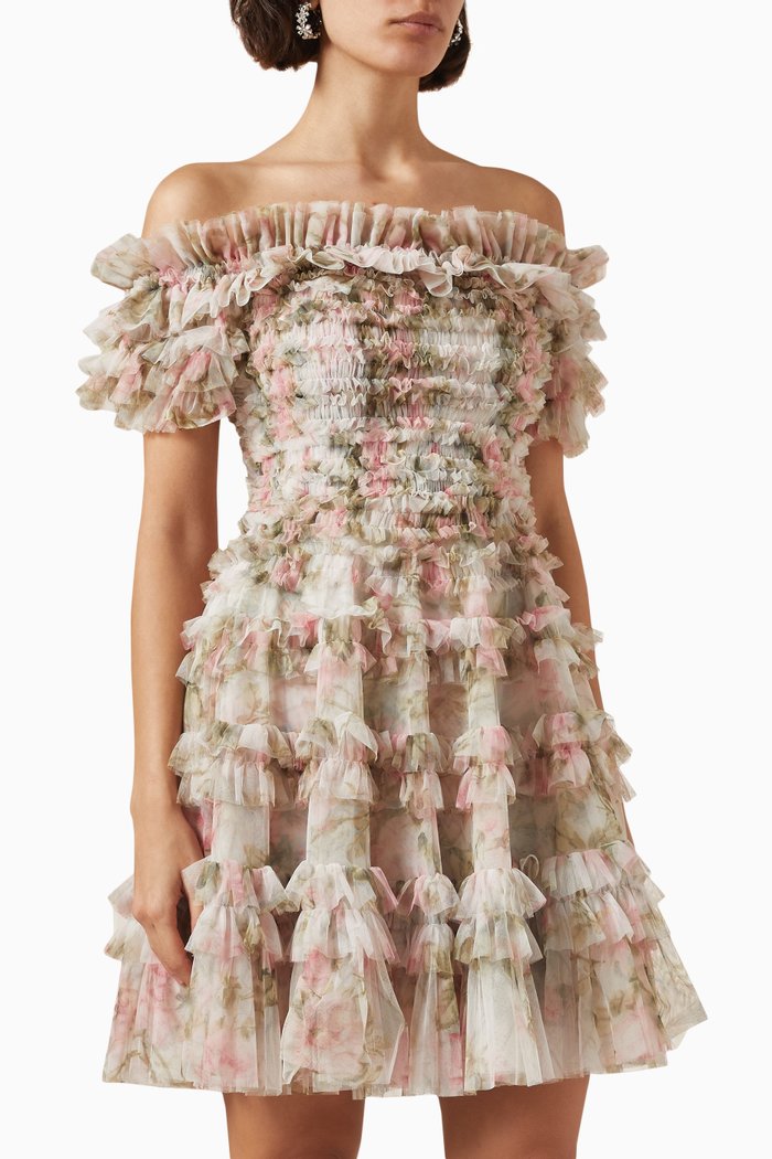 

English Rose Lisette Off-shoulder Mini Dress in Nylon, Multicolour