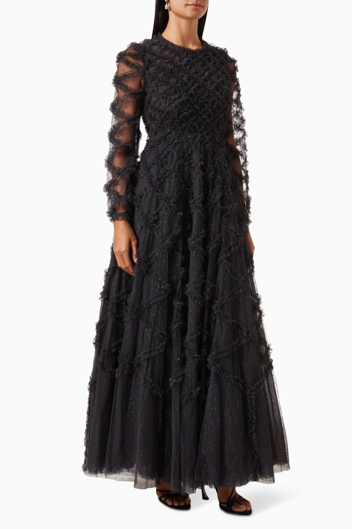 

Evelyn Long-sleeve Gown in Tulle, Black