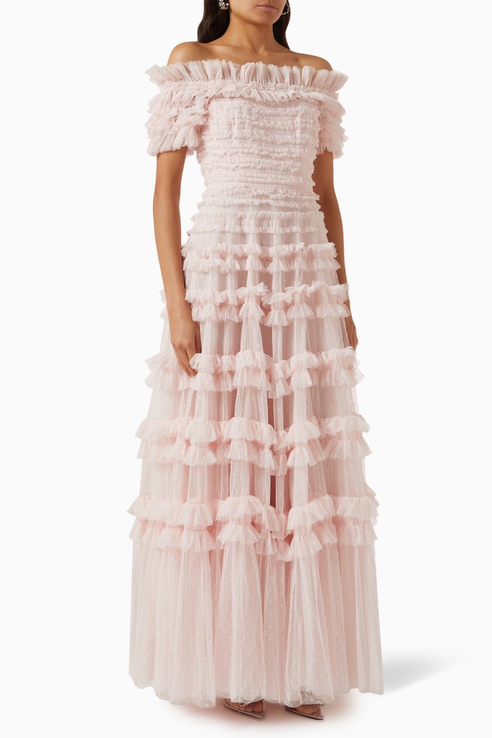 

Lisette Ruffle Off-shoulder Gown in Tulle, Pink
