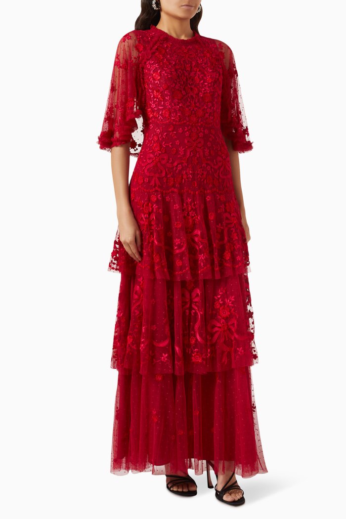 

Bonnie Bow Gown in Embroidered Tulle, Red