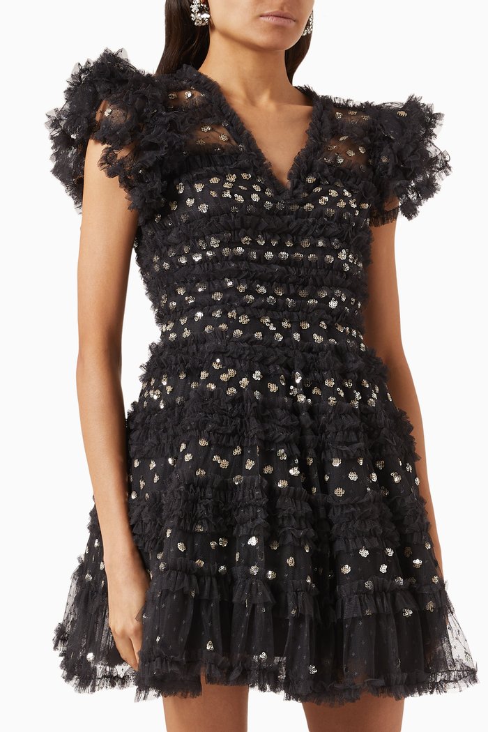 

Vivian V-Neck Sequins Micro Mini Dress in Tulle, Black
