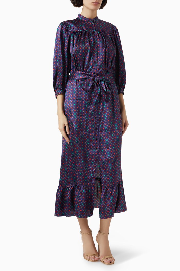 Rosaria Scarf-print Midi Dress in Satin, Blue