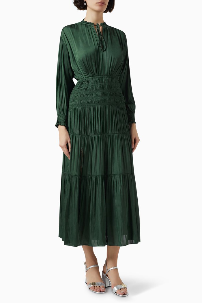 

Rovel Gathered Midi Dress in Satin, Green