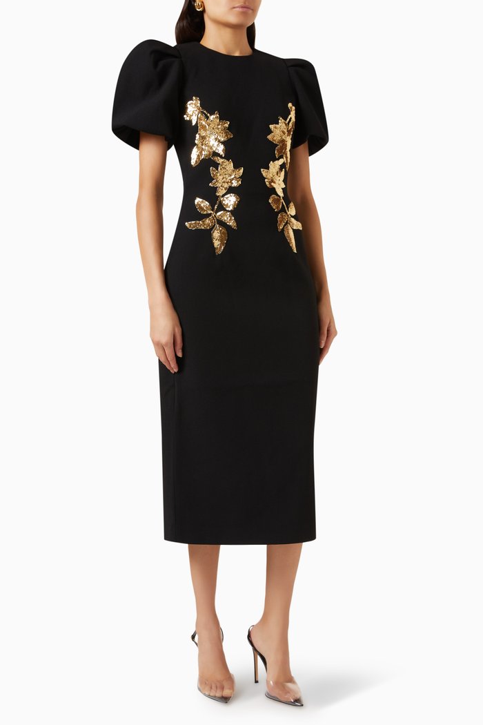

Versailles Embellished Midi Dress in Crêpe, Black