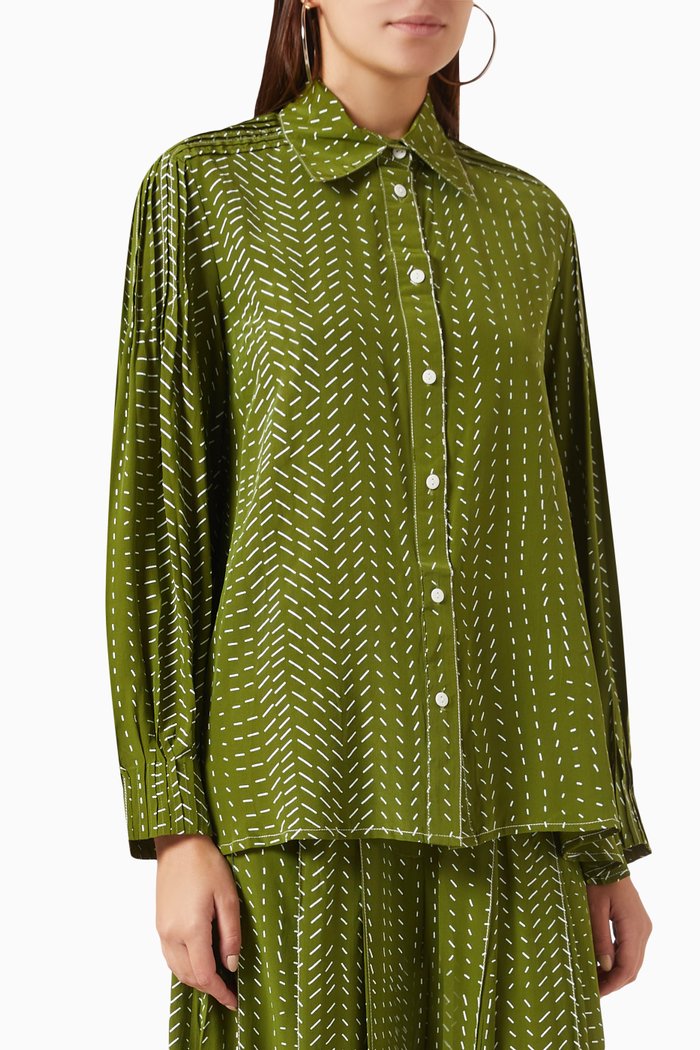 

Pleated-sleeve Printed Shirt in Crepe, Green