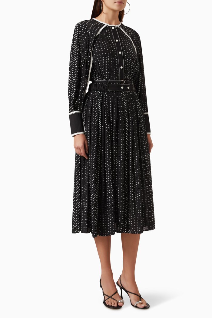 

Printed Pleated Dress in Silk-crepe, Black