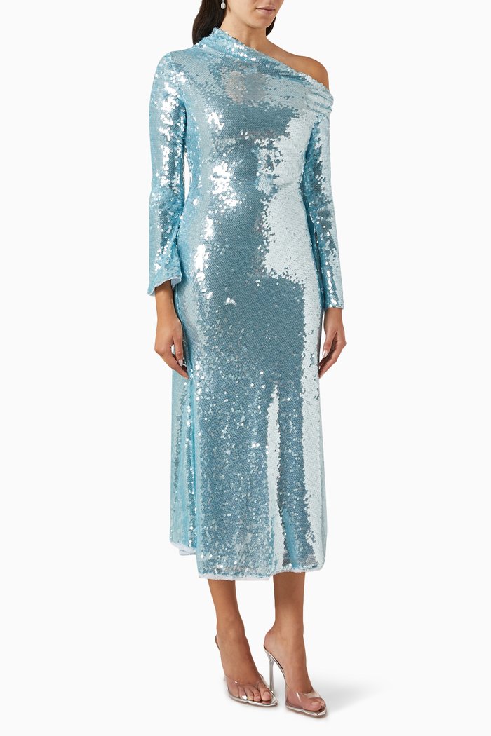 

Asymmetric One-shoulder Midi Dress in Sequin, Blue