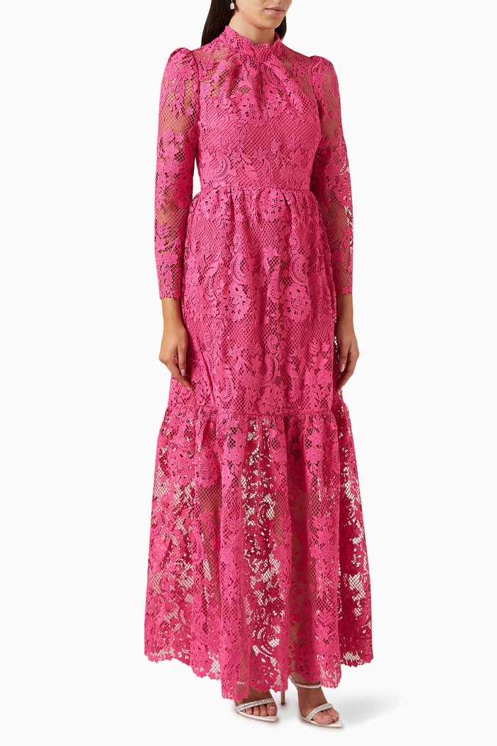 

High-neck Tiered Maxi Dress in Lace, Pink