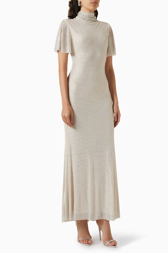 

Rhinestone Embellished Midi Dress in Mesh, Neutral