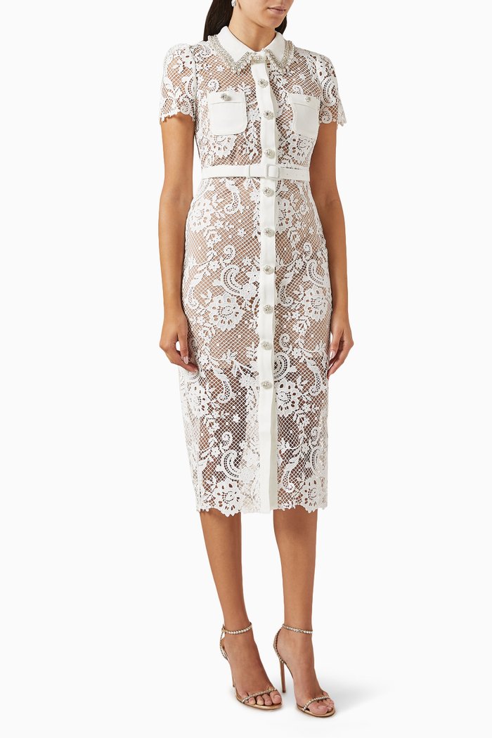 Embellished Midi Dress in Lace, White