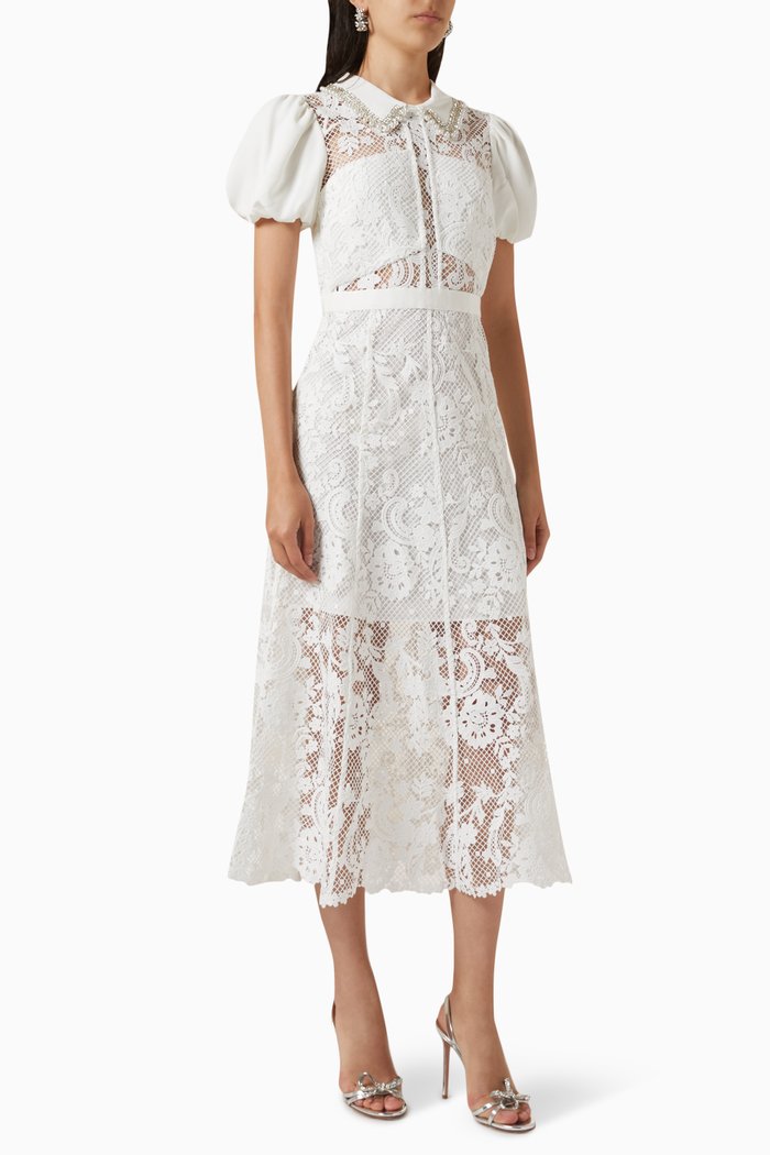 

Embellished Collared Midi Dress in Lace, White