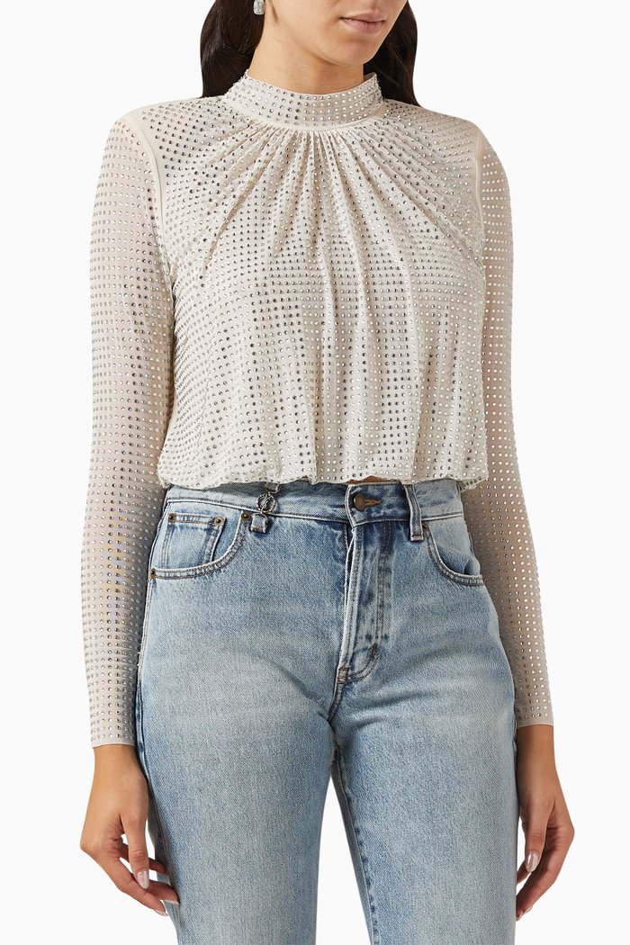 Rhinestone Embellished Top in Mesh, Neutral