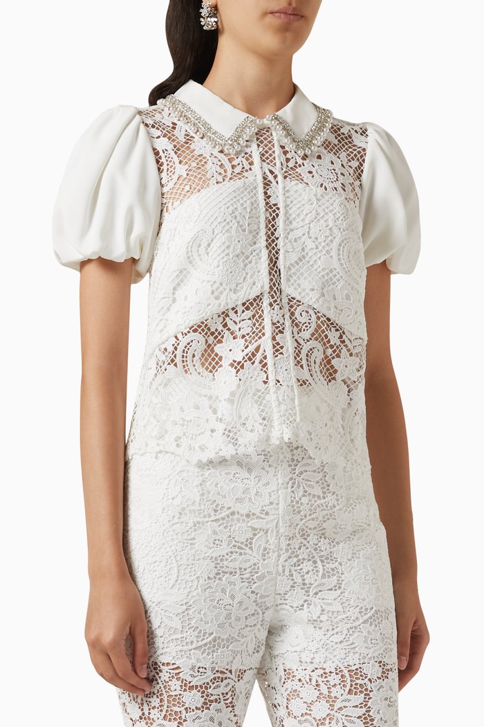 

Embellished Collared Top in Lace, White