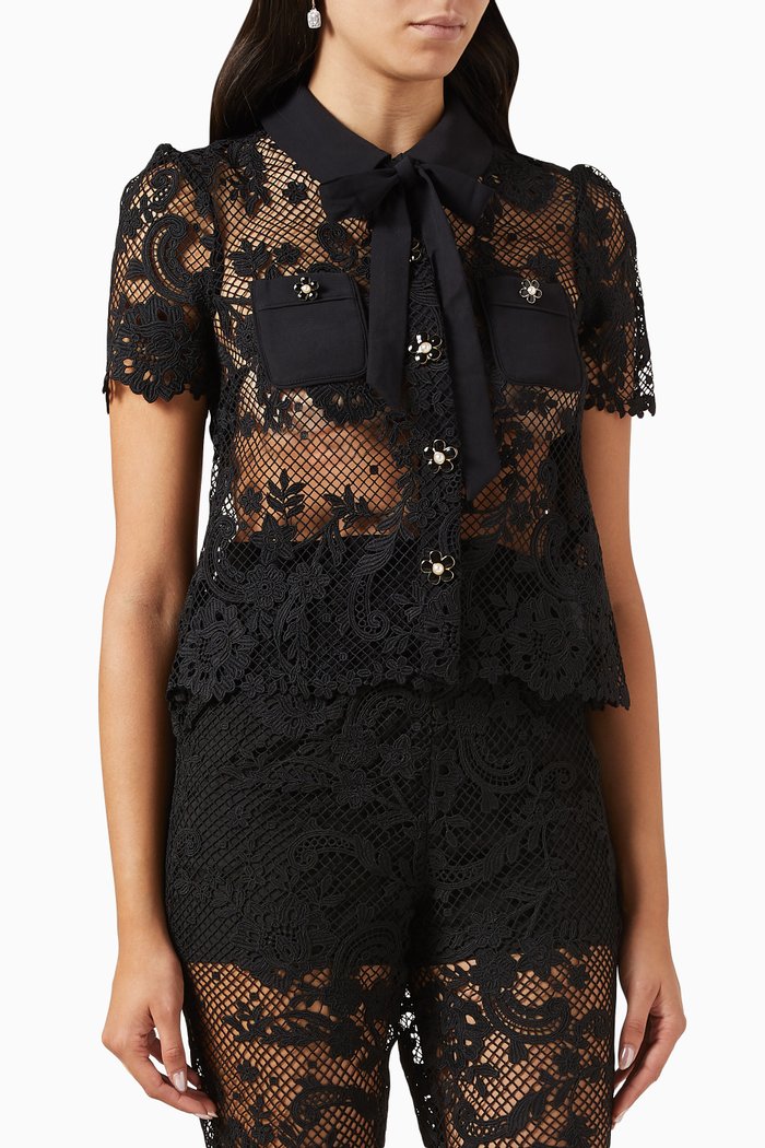 

Pussycat Bowed Top in Lace & Sheer, Black