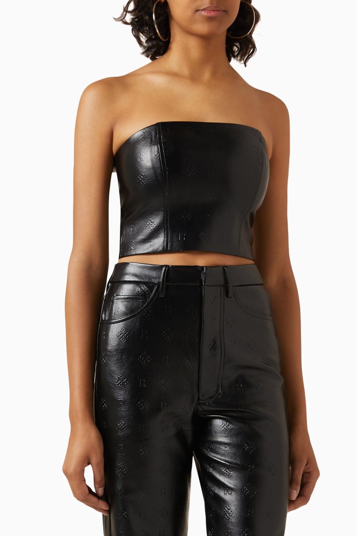 

Strapless Logo-embossed Crop Top in Faux Leather, Black