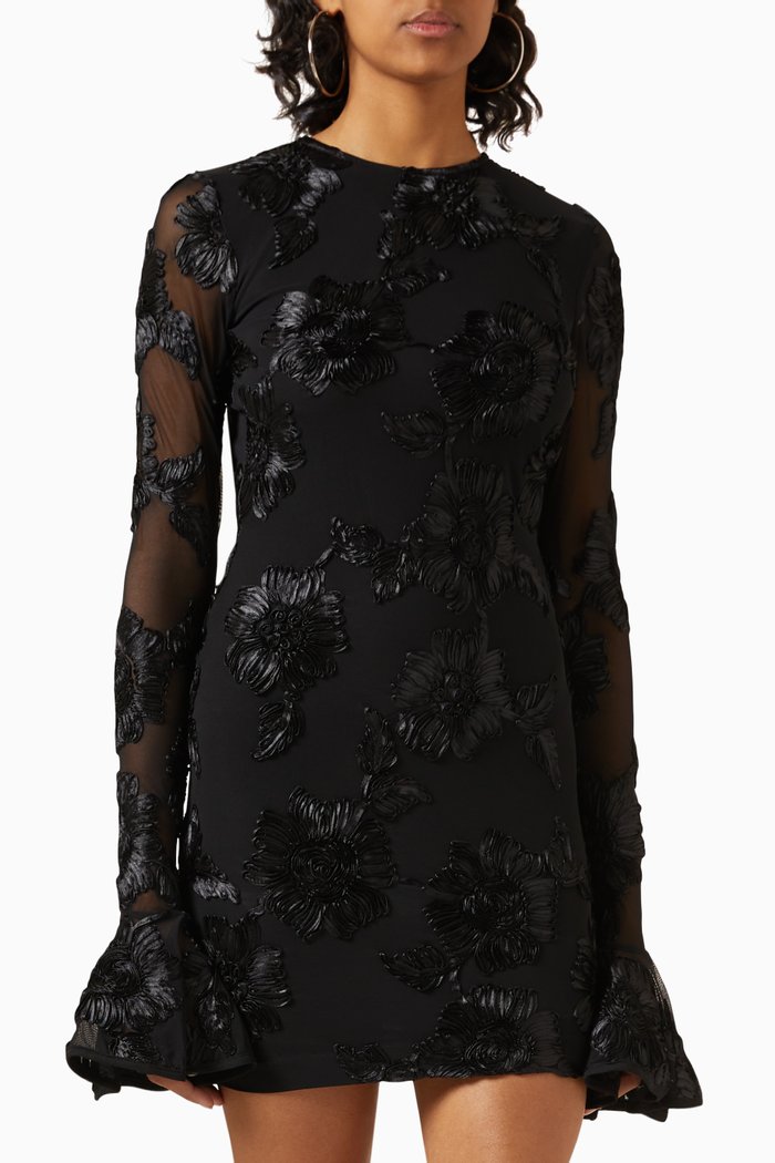 

3D Floral-embroidered Mini Dress in Mesh, Black