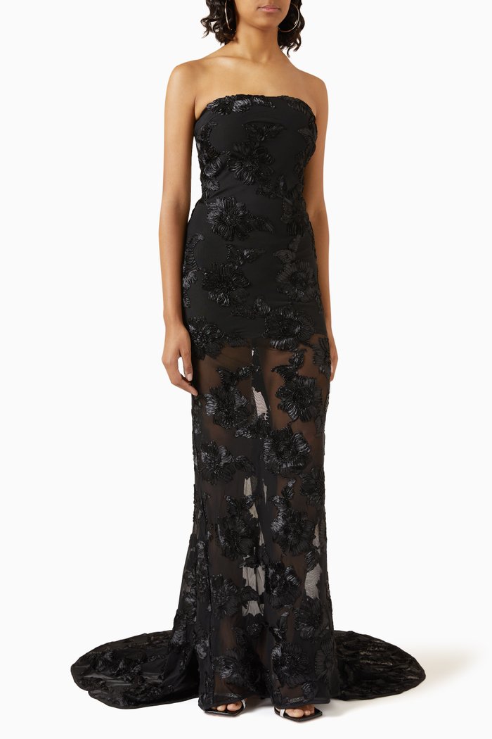 

3D Floral-embroidered Strapless Maxi Dress in Mesh, Black