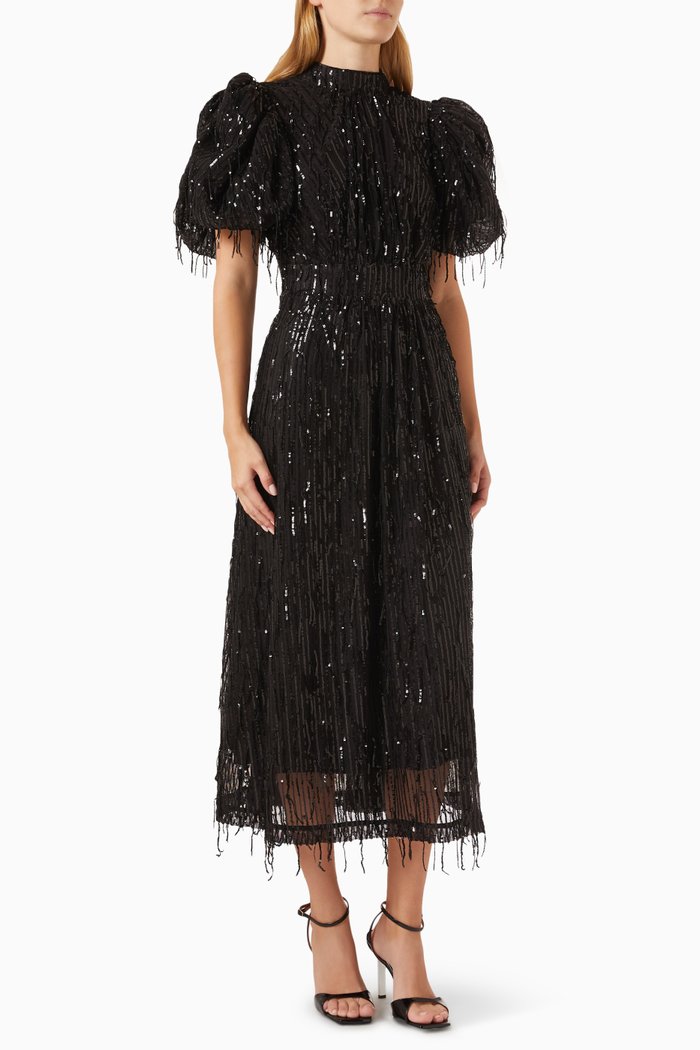 

Sequin Puff-sleeves Midi Dress, Black