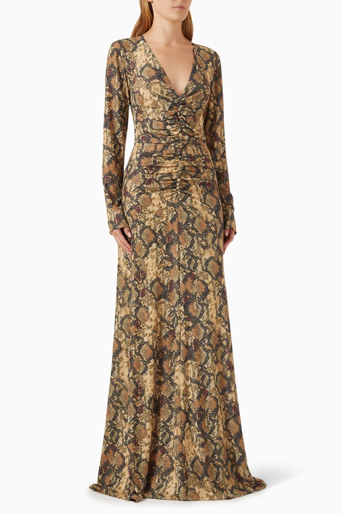 

Snake-print Ruched Maxi Dress, Green