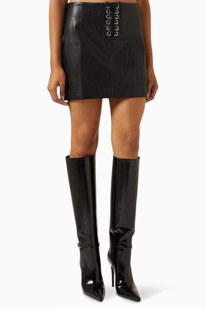 

Lace-up Mini Skirt in Faux Leather, Black
